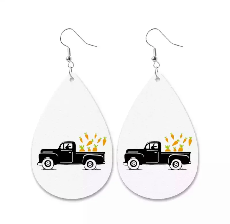 Beaded Drop Earrings for Party -Cute Easter Leather Drop Earrings with Vintage Truck