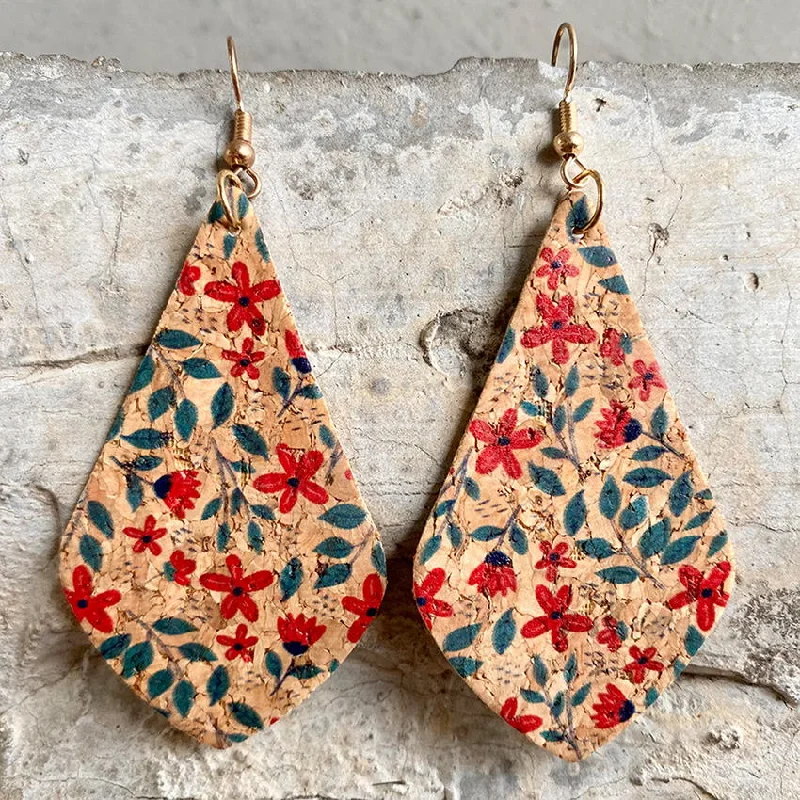 Drop Earrings with Filigree Work -Flower Leaf Print Cork Tear Drop Earrings