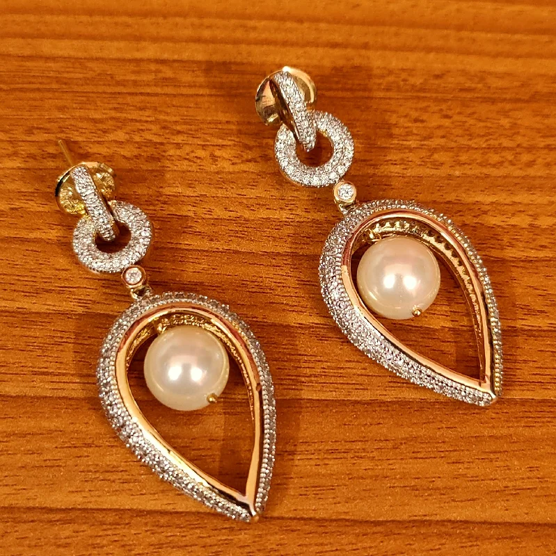 Oval Drop Earrings for Grace -CZ STUDDED DIAMOND LOOK PEARL DROP EARRINGS