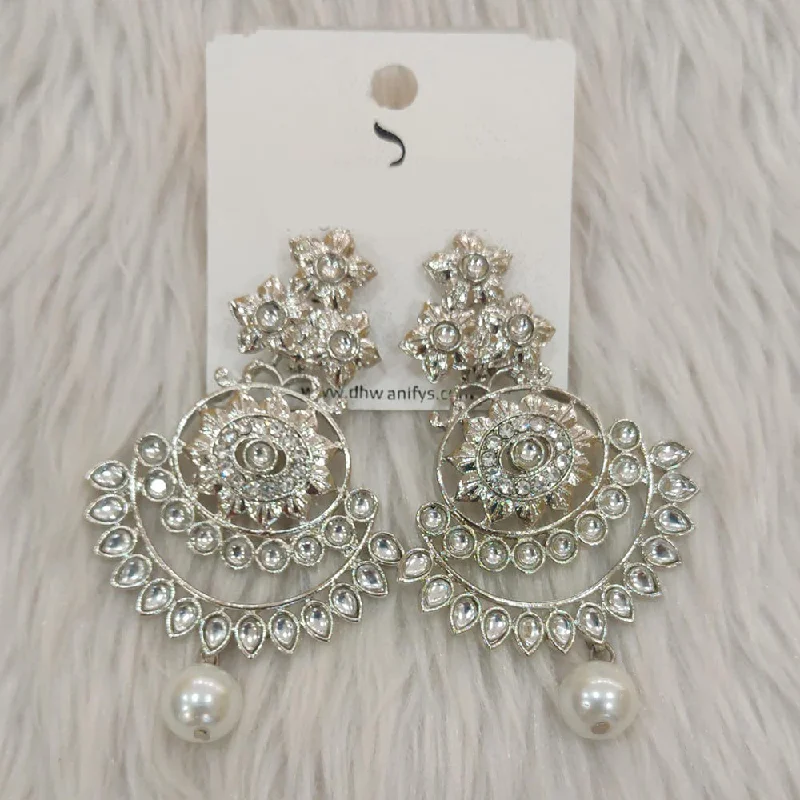 Round Drop Earrings for Classic -Dhwani Silver Plated Kundan Stone Dangler Earrings