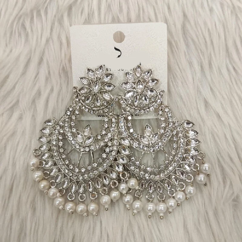 Pearl Drop Earrings for Elegance -Dhwani Silver Plated Kundan Stone Dangler Earrings