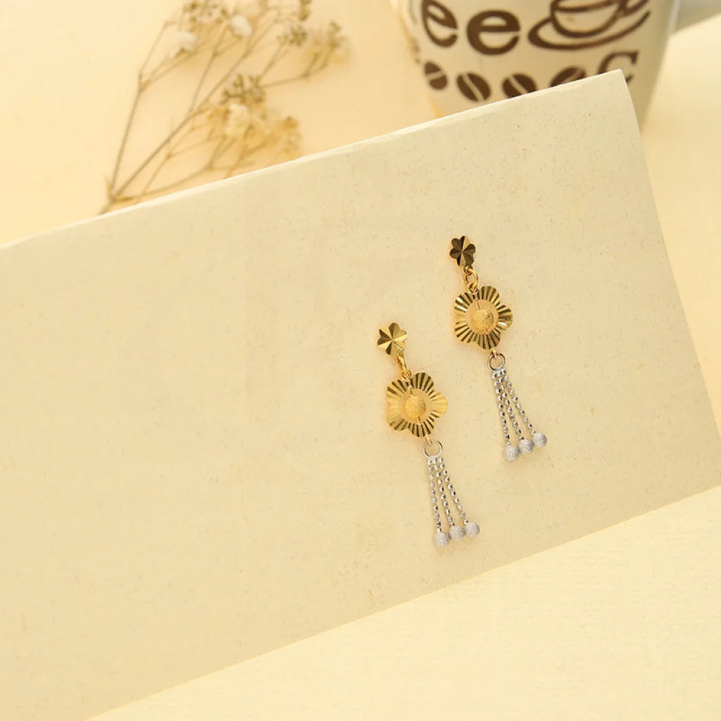 Drop Earrings for Travel Look -Dual Tone Gold Flower Shaped Drop Earrings 22KT - FKJERN22K3167