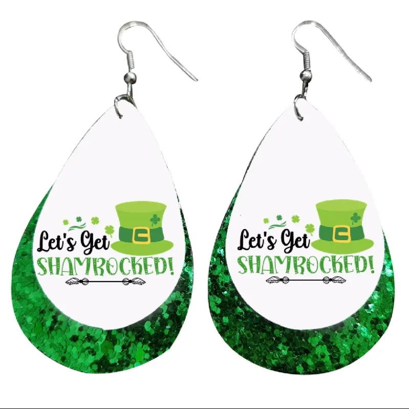 Drop Earrings for Gym Workout -Funny "Let's Get Shamrocked" Leather Drop Earrings