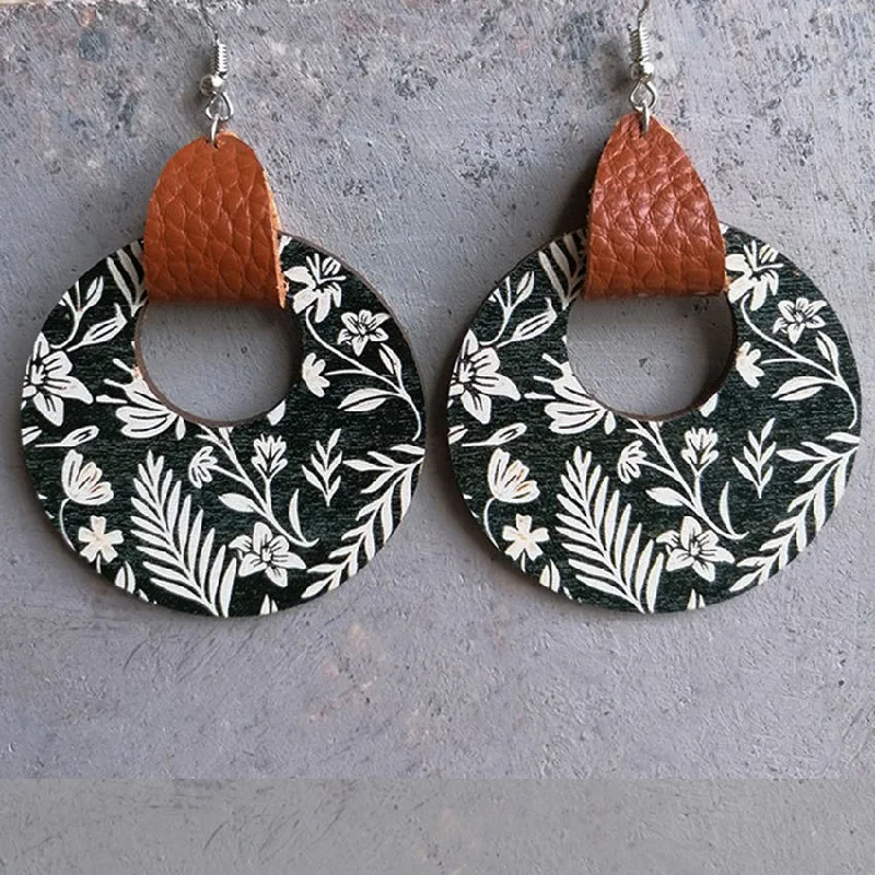 Maximalist Drop Earrings for Bling -Leather Wrapped Black and White Floral Wooden Drop Earrings