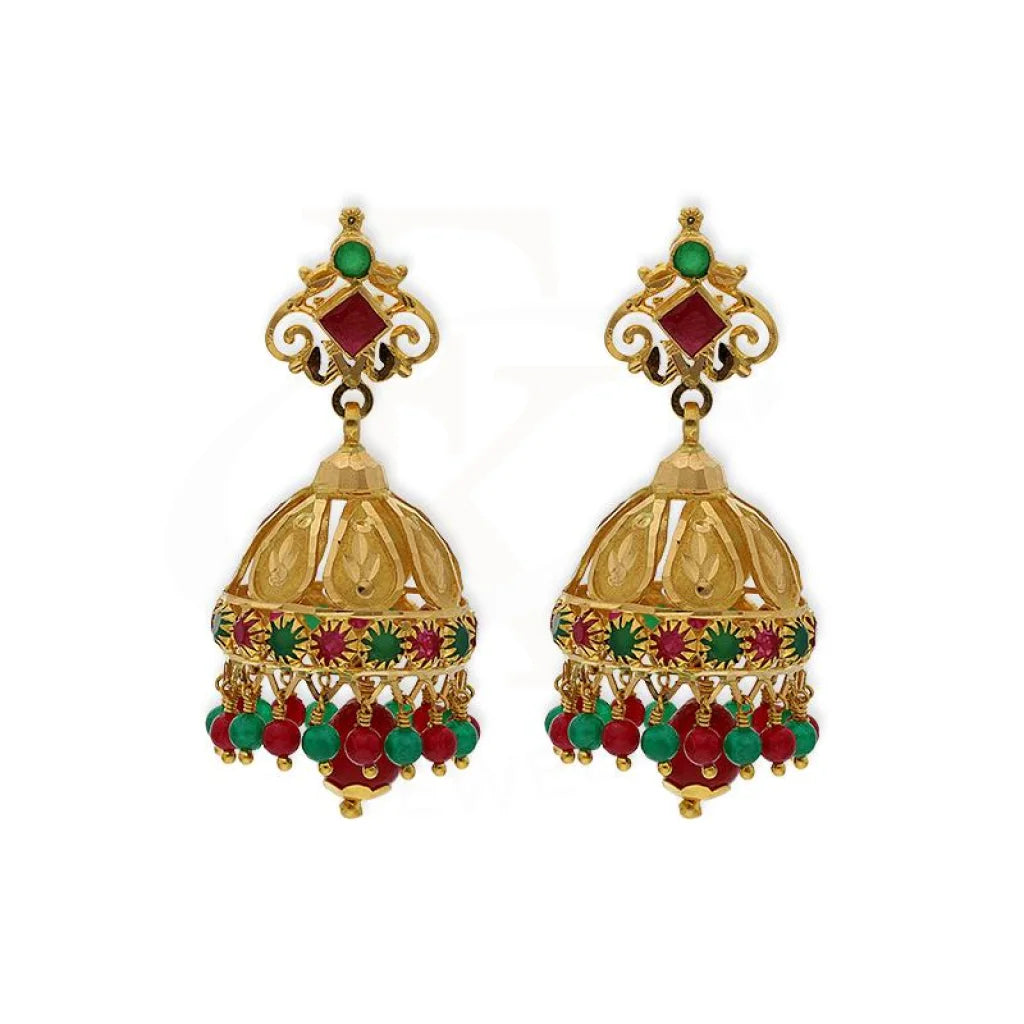 Drop Earrings with Etched Designs -Gold Dome Shaped Jhumka Drop Earrings 22KT - FKJERN22K2329