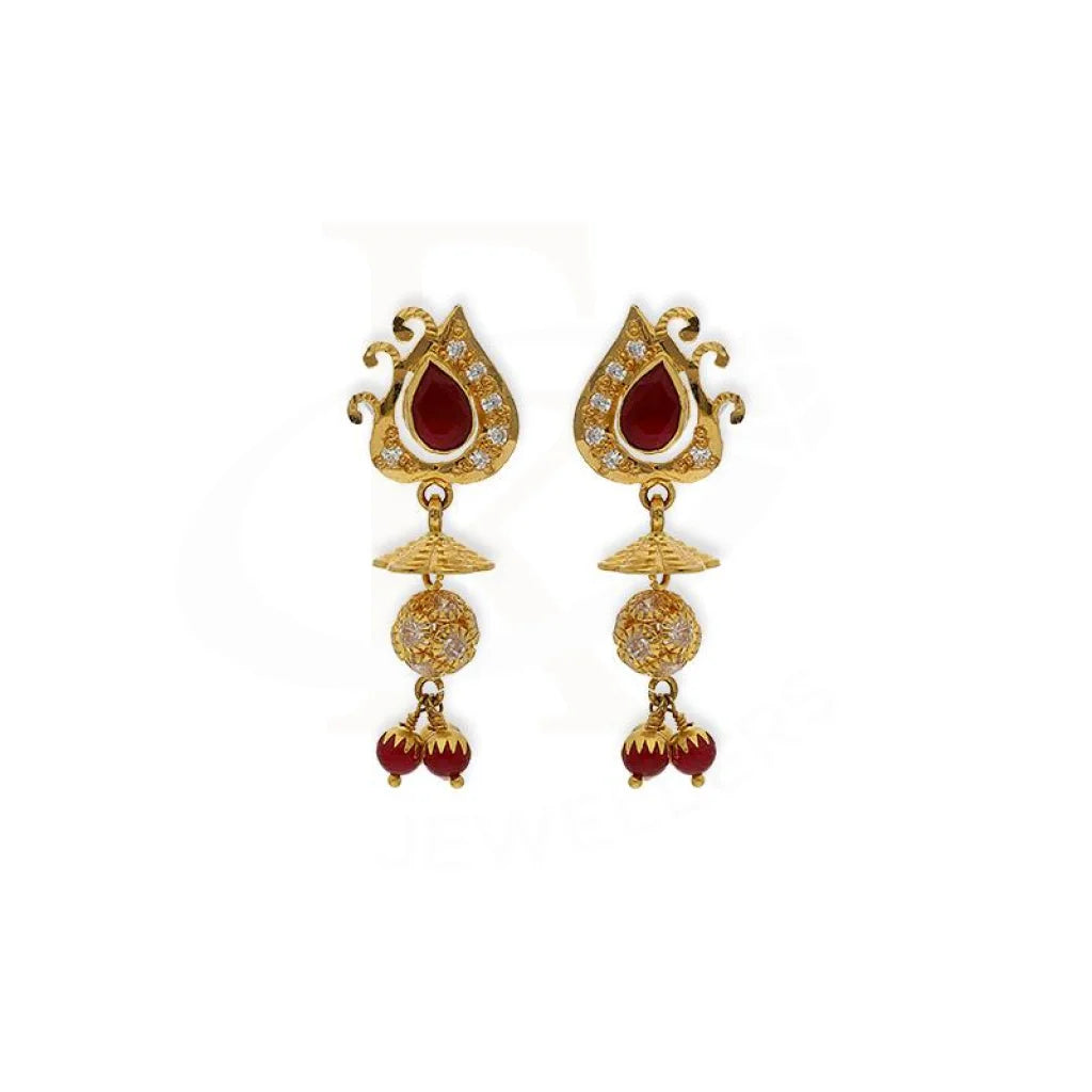 Rhinestone Drop Earrings for Sparkle -Gold Dome Shaped Jhumka Drop Earrings 22KT - FKJERN22K2350