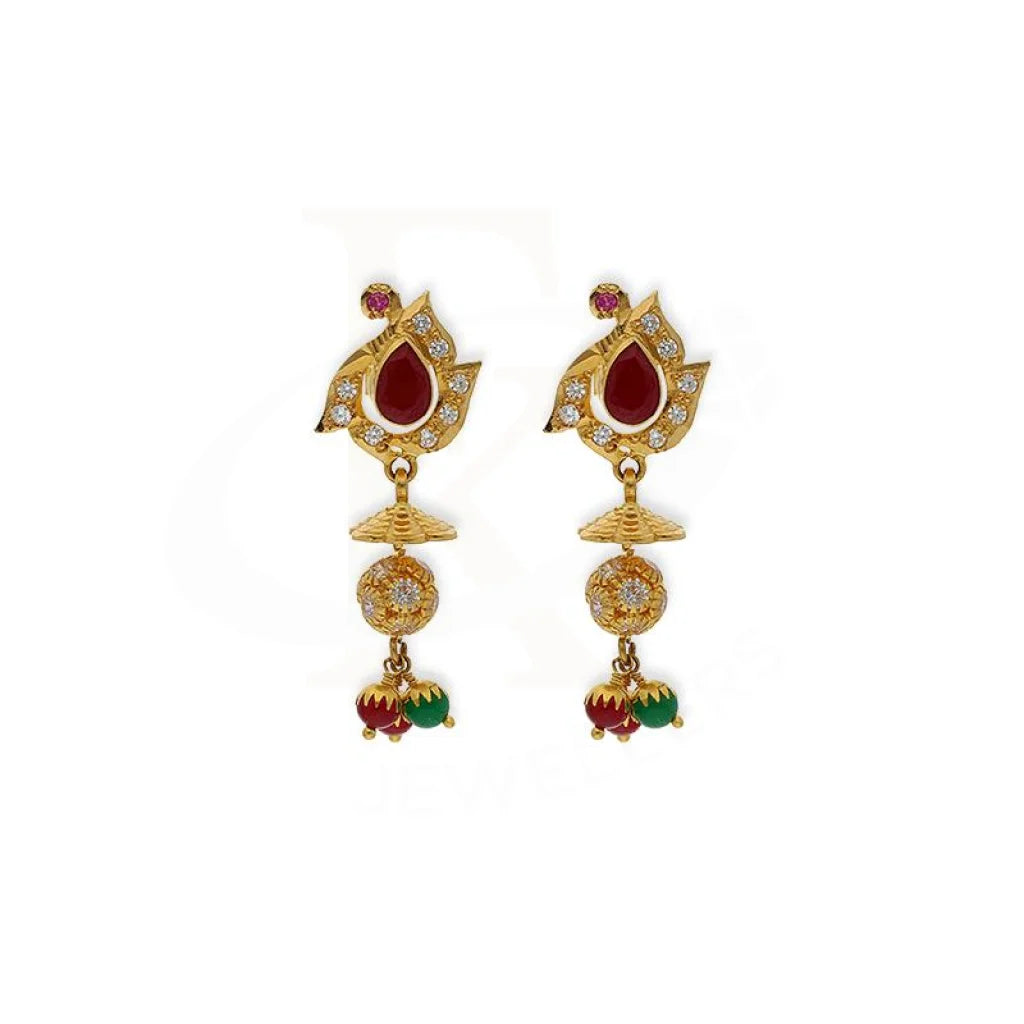 Studded Drop Earrings with Gemstones -Gold Dome Shaped Jhumka Drop Earrings 22KT - FKJERN22K2351