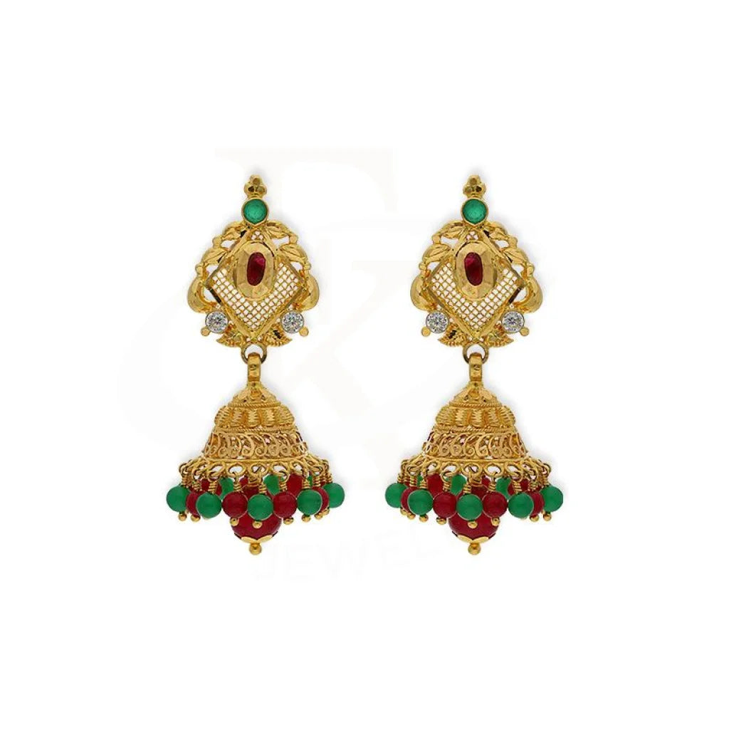 Gemstone and Diamond Drop Earrings for Opulence -Gold Dome Shaped Jhumka Drop Earrings 22KT - FKJERN22K2338