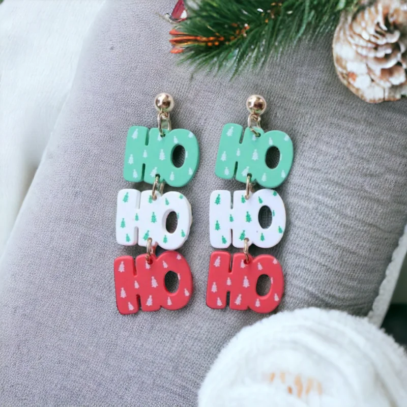 Drop Earrings for Evening Gown -"Ho Ho Ho" Red, White, and Green Holiday Stud Drop Earrings