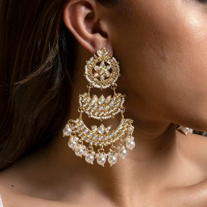 Drop Earrings with Textured Surface -Gehana Mahal Gold Plated Kundan And Pearl Dangler Earrings