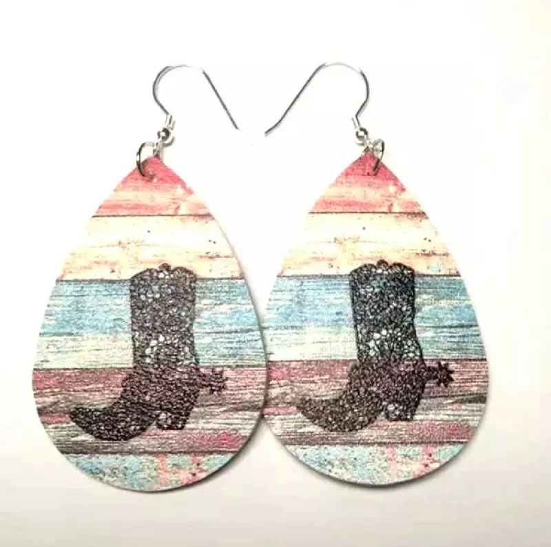 Retro Drop Earrings for Nostalgia -Leather Cowboy Boot Teardrop Earrings