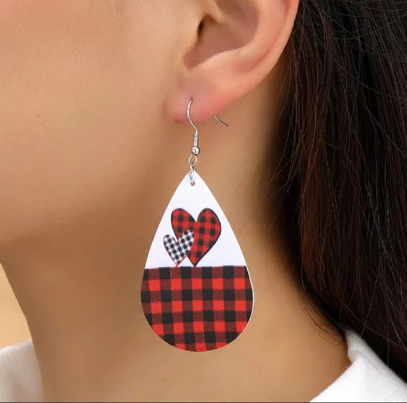 Adjustable Drop Earrings for Custom Fit -Leather Plaid Hearts Drop Earrings