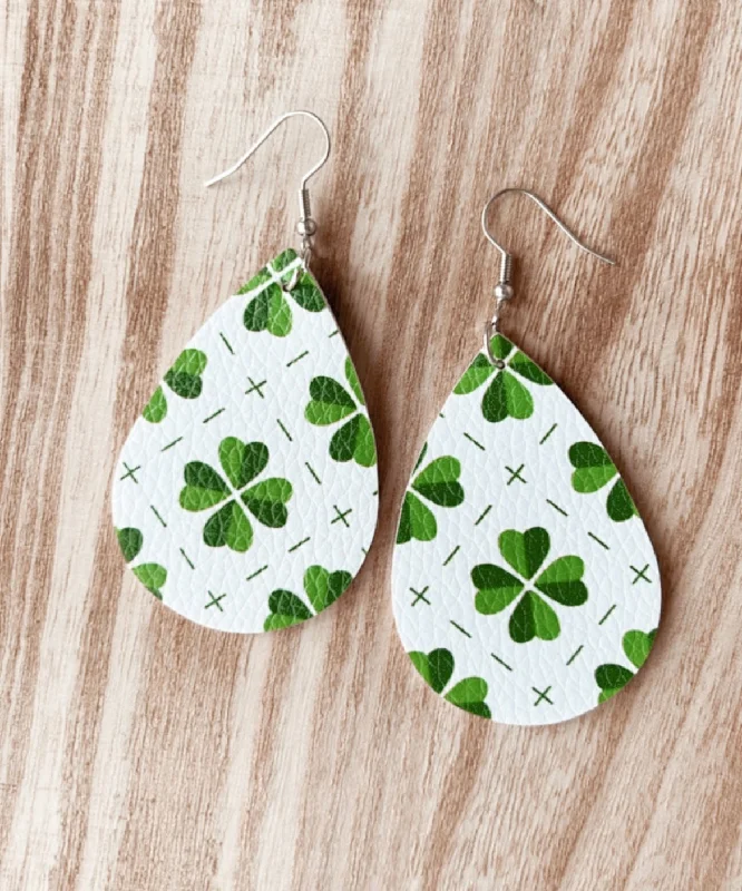 Drop Earrings with Floral Motifs -Leather Shamrock Teardrop Earrings