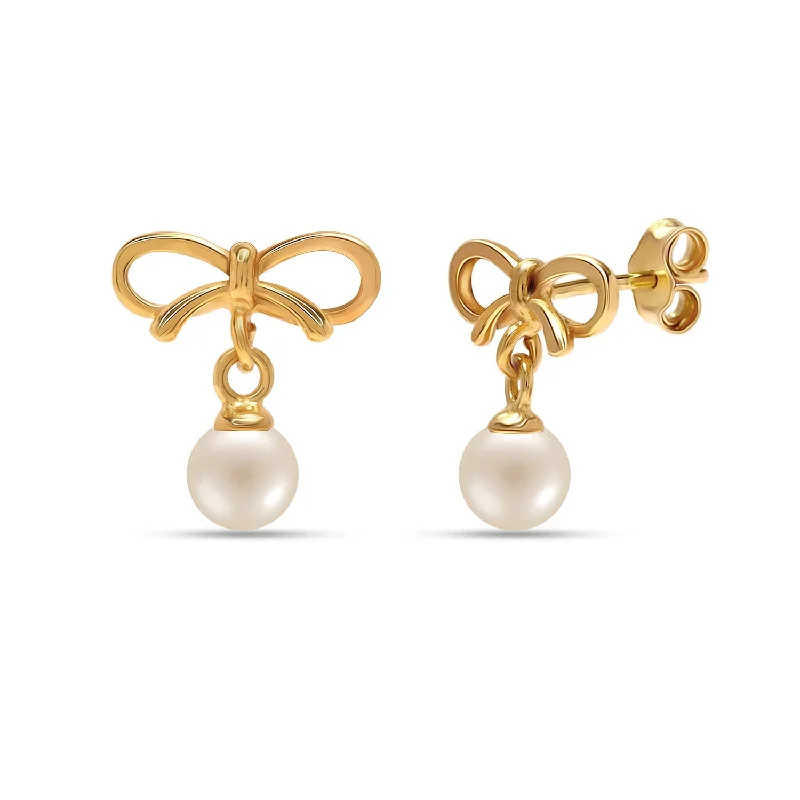 Drop Earrings for Mother's Day -925 Sterling Silver 14K Gold Plated Knot Lightweight Simulated Pearl Ribbon Stud Drop Earrings for Women