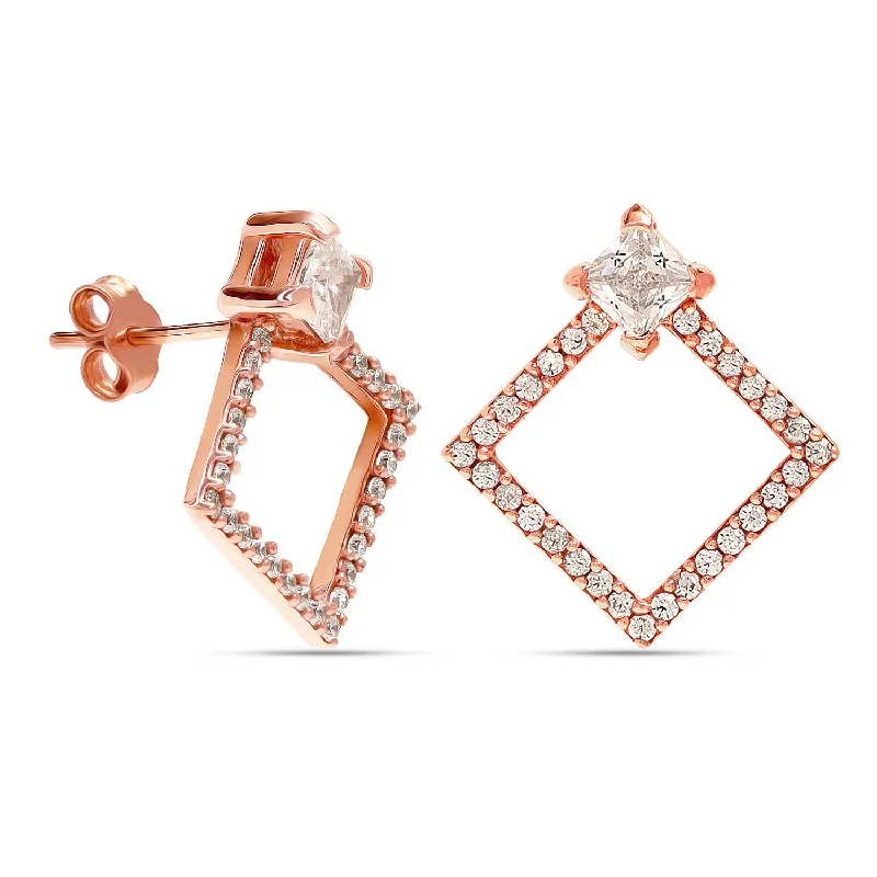 Drop Earrings for Festival Style -925 Sterling Silver 14K Rose Gold Plated Square Shape Geometric CZ Stud Drop Earrings for Women