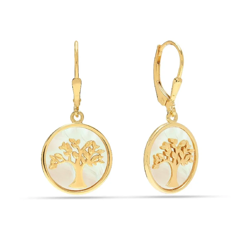 Drop Earrings with Filigree Work -925 Sterling Silver 18K Gold-Plated Mother of Pearl Tree of Life Leverback Dangler Earrings for Women Teen