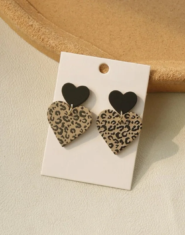 Detachable Drop Earrings with Charms -Leopard Print Heart Stud Drop Earrings