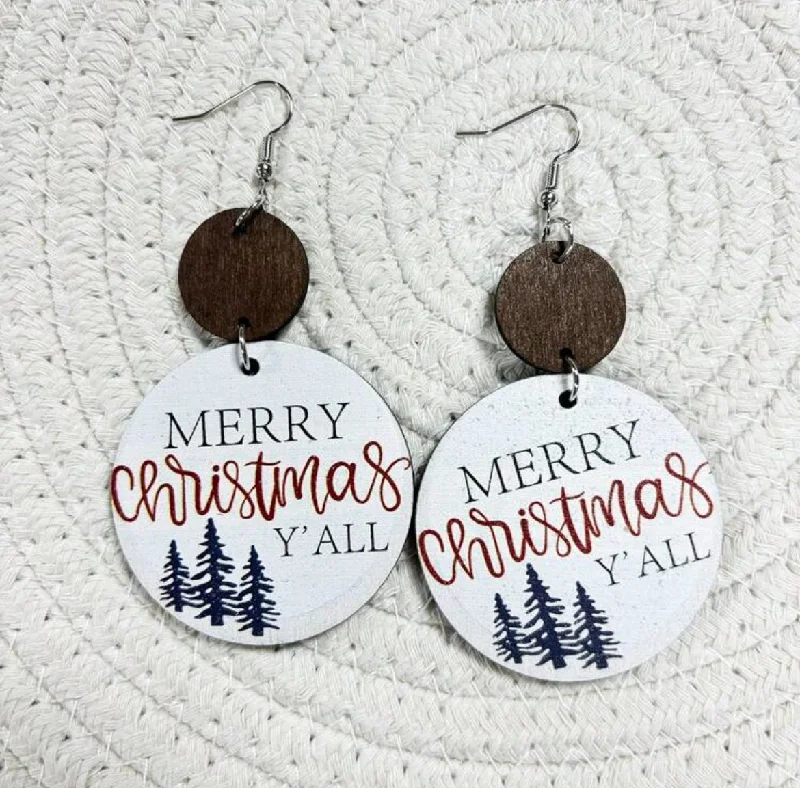 Drop Earrings with Polished Shine -Merry Christmas Ya'll Wooden Drop Earrings