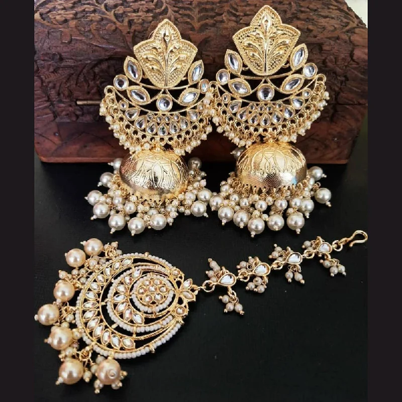 Drop Earrings with Filigree Work -Pooja Bangles Gold Plated Kundan Jhumki Earrings With Maangtikka