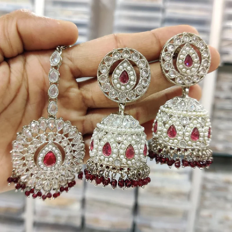 Drop Earrings for Office Wear -Pooja Bangles Silver Plated Crystal And Pearl Jhumki With Maangtikka