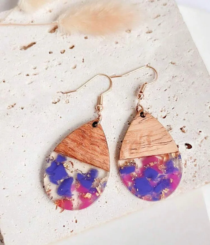 Lead Free Drop Earrings for Health -Purple and Pink Wooden Teardrop Earrings