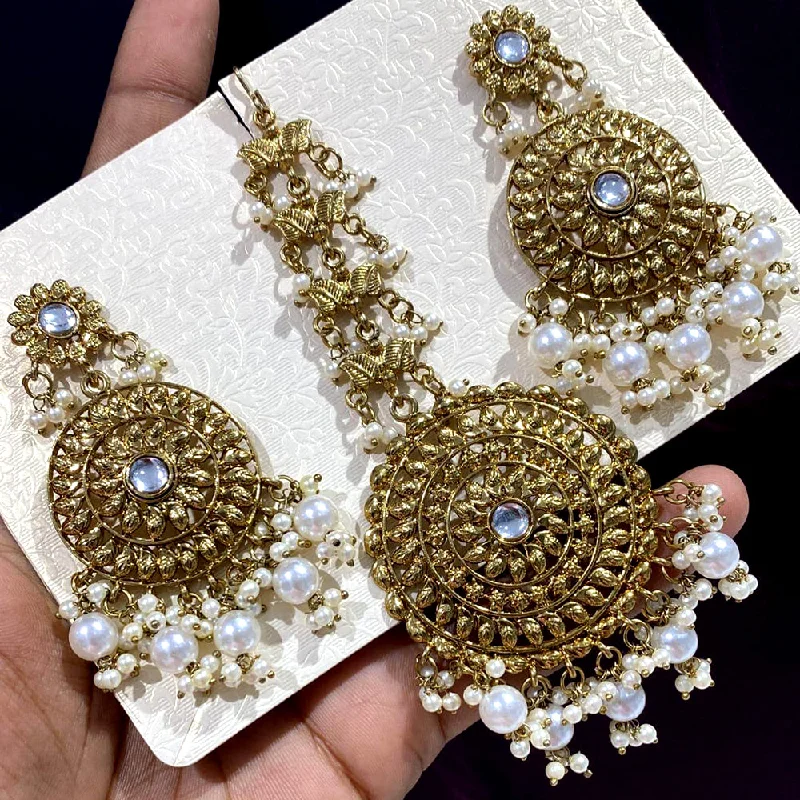 Drop Earrings with Wave Designs -Rani Sati Jewels Gold Plated Pearl Dangler Earrings With Mangtikka