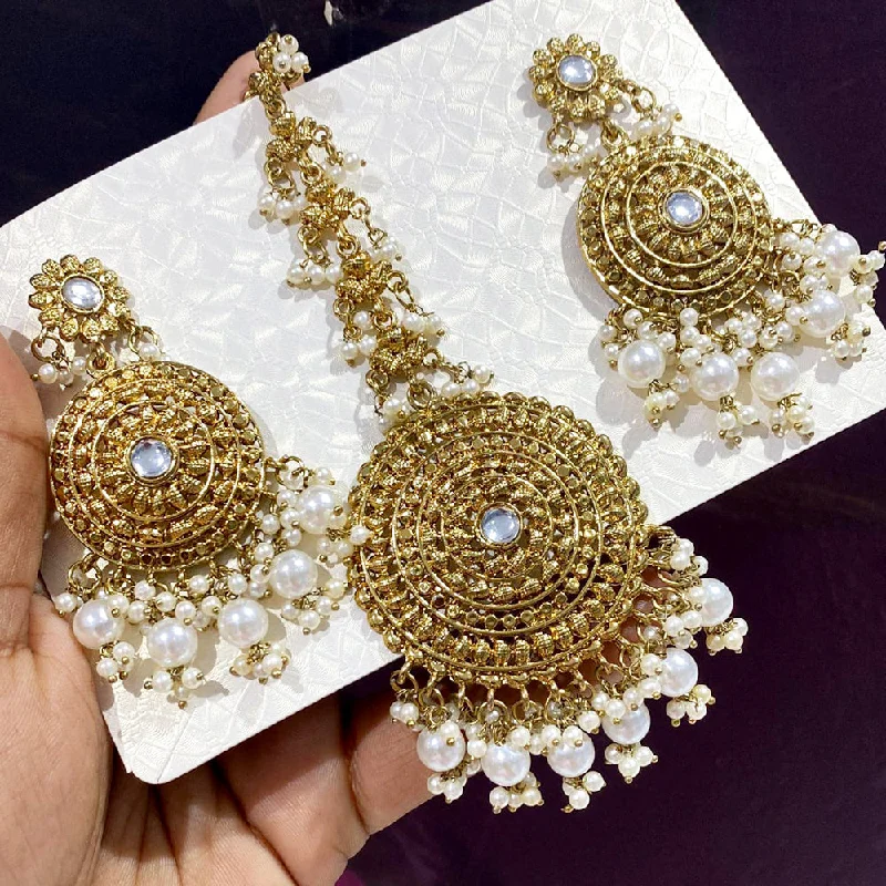 Drop Earrings with Crown Designs -Rani Sati Jewels Gold Plated Pearl Dangler Earrings With Mangtikka