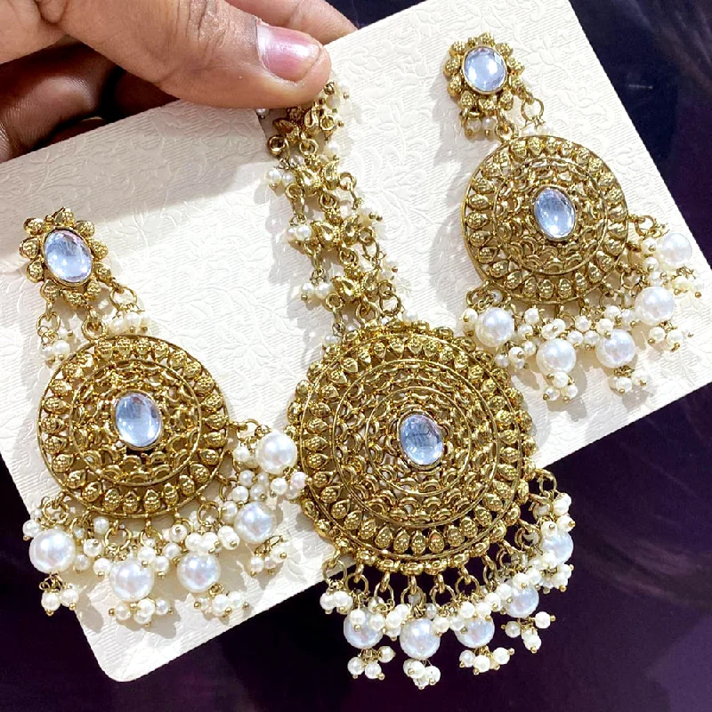 Drop Earrings with Keyhole Designs -Rani Sati Jewels Gold Plated Pearl Dangler Earrings With Mangtikka