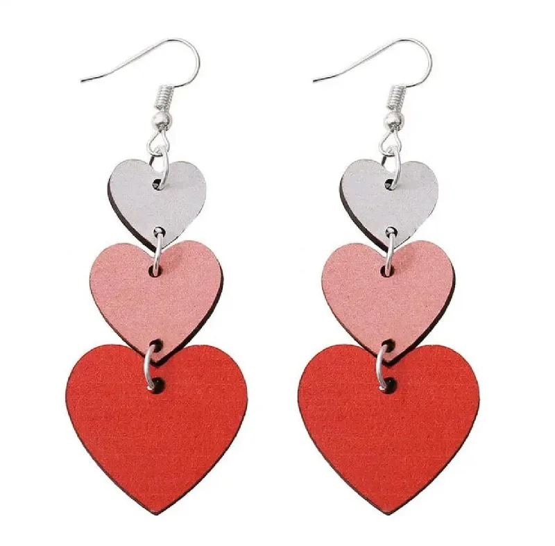 Leverback Drop Earrings for Comfort -Red, White, and Pink Wooden Heart Drop Earrings