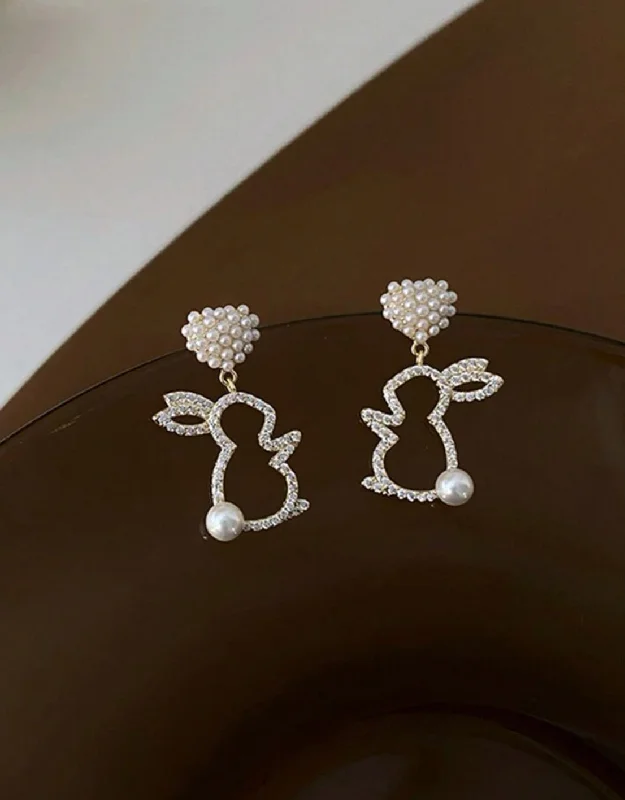 Drop Earrings with Hammered Finish -Rhinestone and Faux Pearl Bunny Drop Earrings