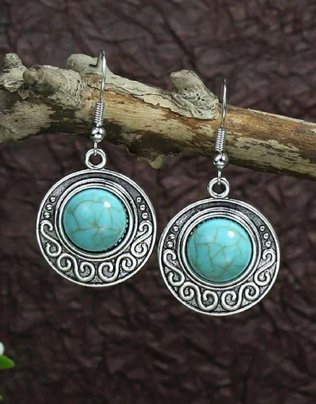 Drop Earrings for Evening Gown -Round Silver with Turquoise Stone Drop Earrings