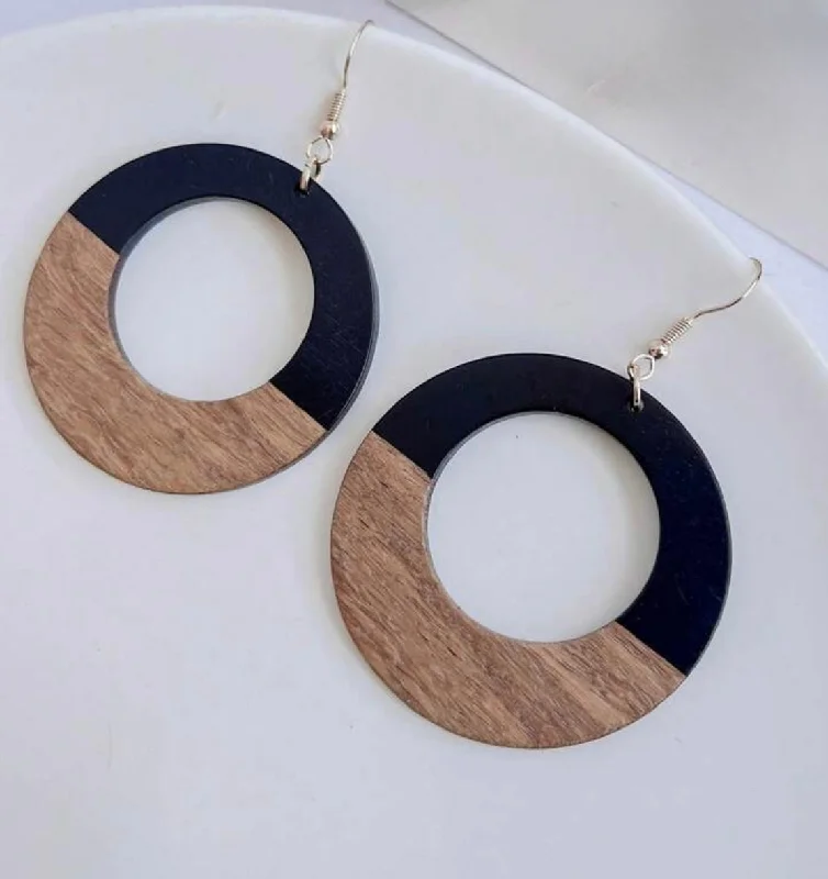 Gold Drop Earrings for Women -Round Wood and Black Resin Drop Earrings