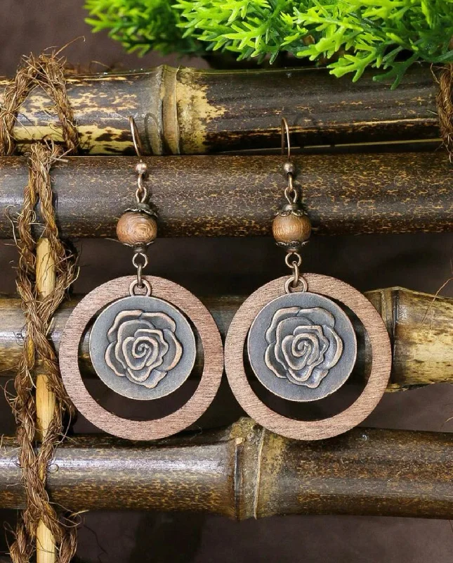 Drop Earrings for Graduation Day -Round Wooden Rose Drop Earrings