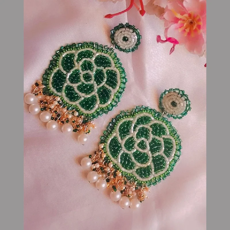 Detachable Drop Earrings with Charms -Sanshray Handmade Green Embroidered Dangler Earrings