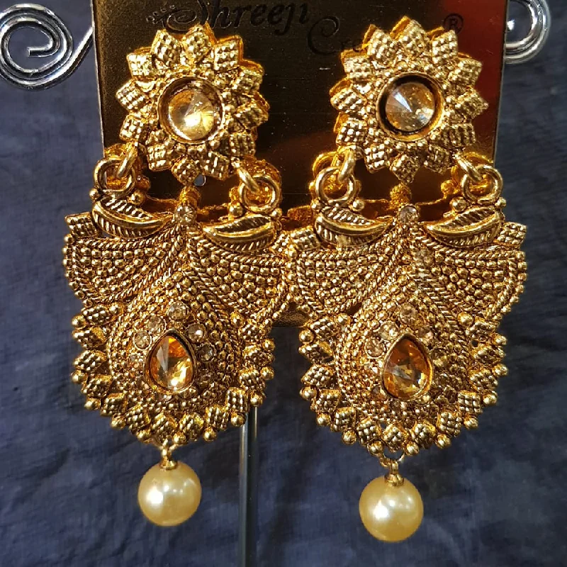 Drop Earrings with Embossed Patterns -Shreeji Gold Plated Crystal  Stone Dangler Earrings