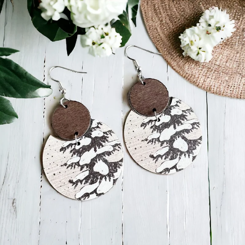 Drop Earrings with Enamel Coating -Wooden Snowy Trees Drop Earrings