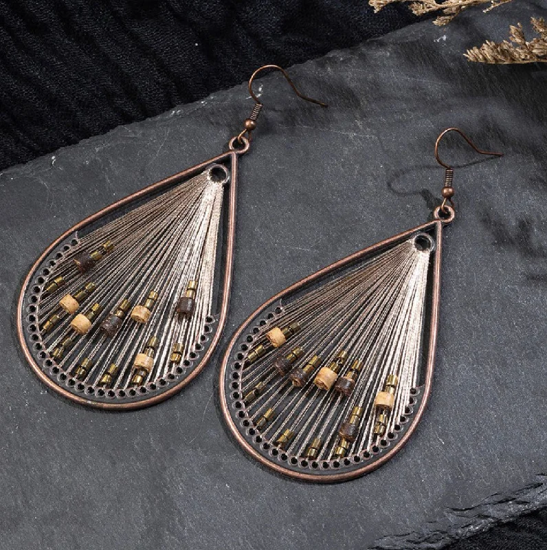 Drop Earrings for Casual Outfit -Beige Strings with Bead Accent Teardrop Earrings