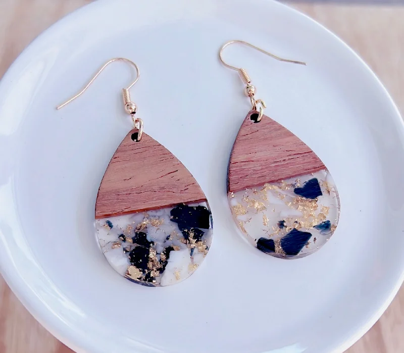 Drop Earrings for Wellness Routine -Wood with Black and White Resin Teardrop Earrings