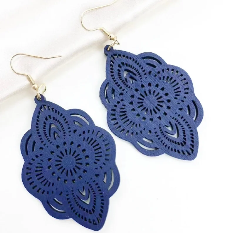 Gold Drop Earrings for Women -Navy Blue Bohemian Hollow Out Drop Earrings