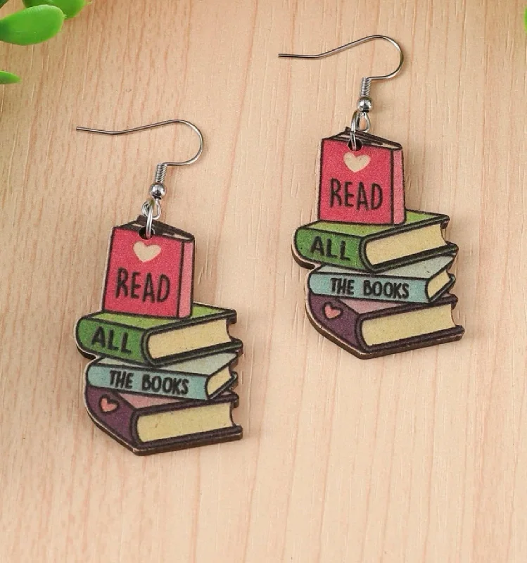 Drop Earrings with Polished Shine -Wooden "Read All The Books" Drop Earrings