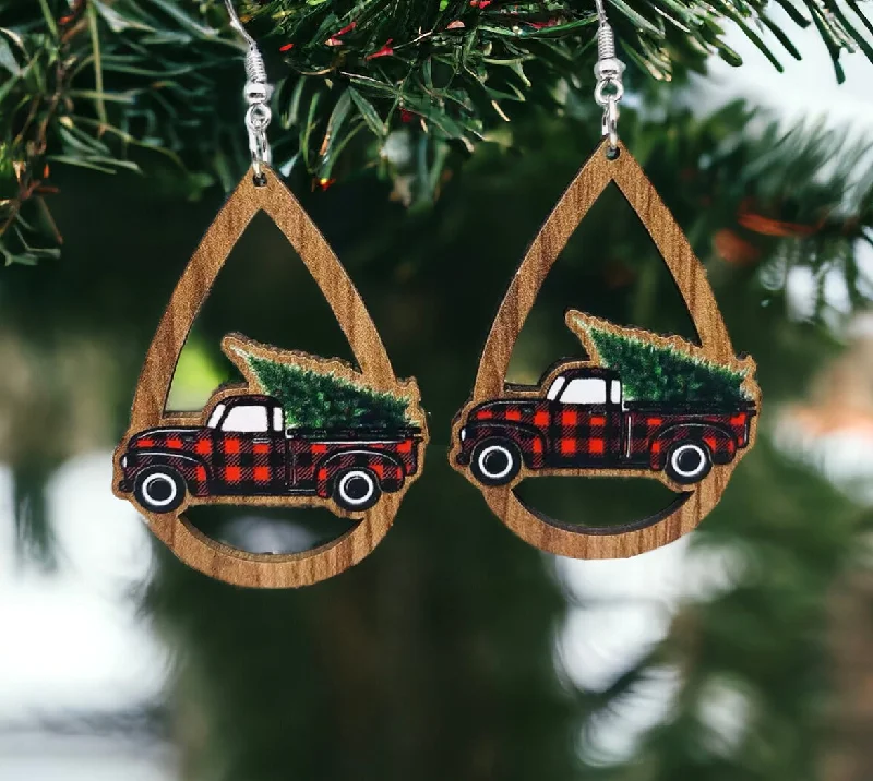 Waterproof Drop Earrings for Outdoor -Vintage Truck and Christmas Tree Wooden Drop Earrings