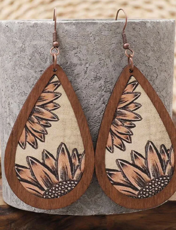 Drop Earrings for Fitness Activities -Western Style Wooden Sunflower Tear Drop Earrings