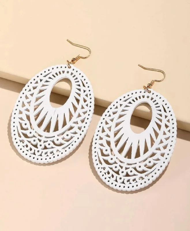 Large Drop Earrings for Statement -White Hollow Oval Drop Earrings