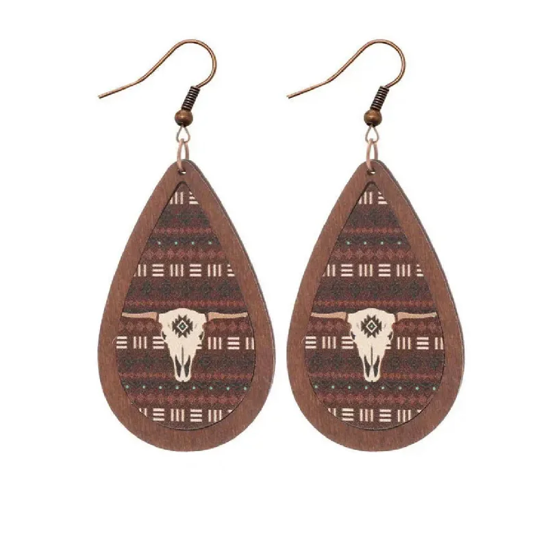 Drop Earrings for Evening Gown -Wood and Leather Aztec Cow Skull Drop Earrings