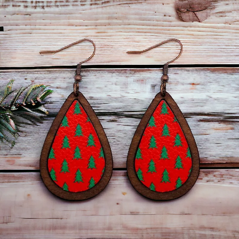 Long Drop Earrings for Dramatic -Wood and Leather Christmas Tree Drop Earrings