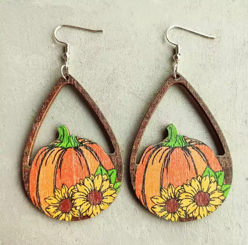 Oval Drop Earrings for Grace -Wooden Fall Pumpkin Drop Earrings