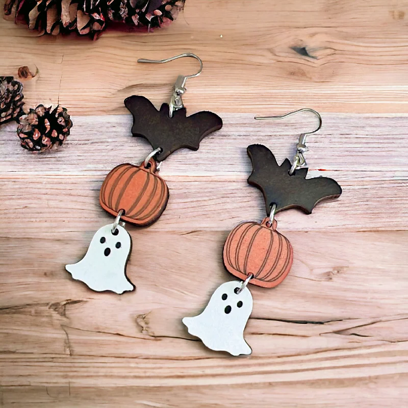 Vintage Drop Earrings with Patina -Wooden Halloween Drop Earrings