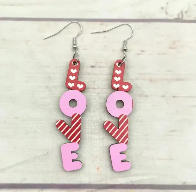 Drop Earrings for Wellness Routine -Wooden Pink and Red L-O-V-E Drop Earrings