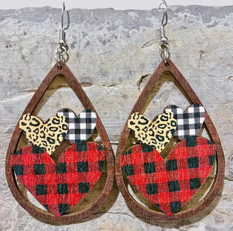 Gemstone Drop Earrings for Color -Wooden Plaid Heart Teardrop Earrings