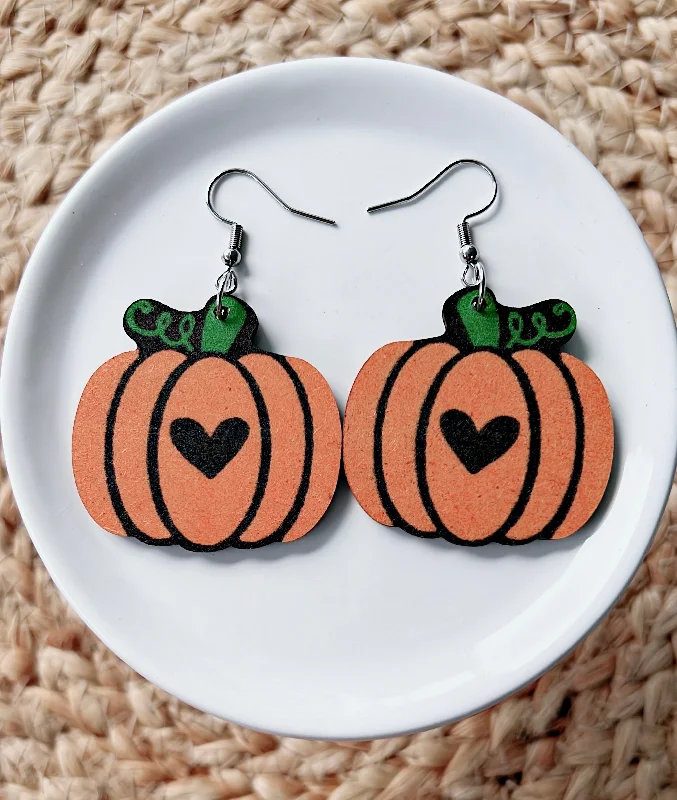 Pearl Drop Earrings for Elegance -Wooden Pumpkin with Heart Drop Earrings